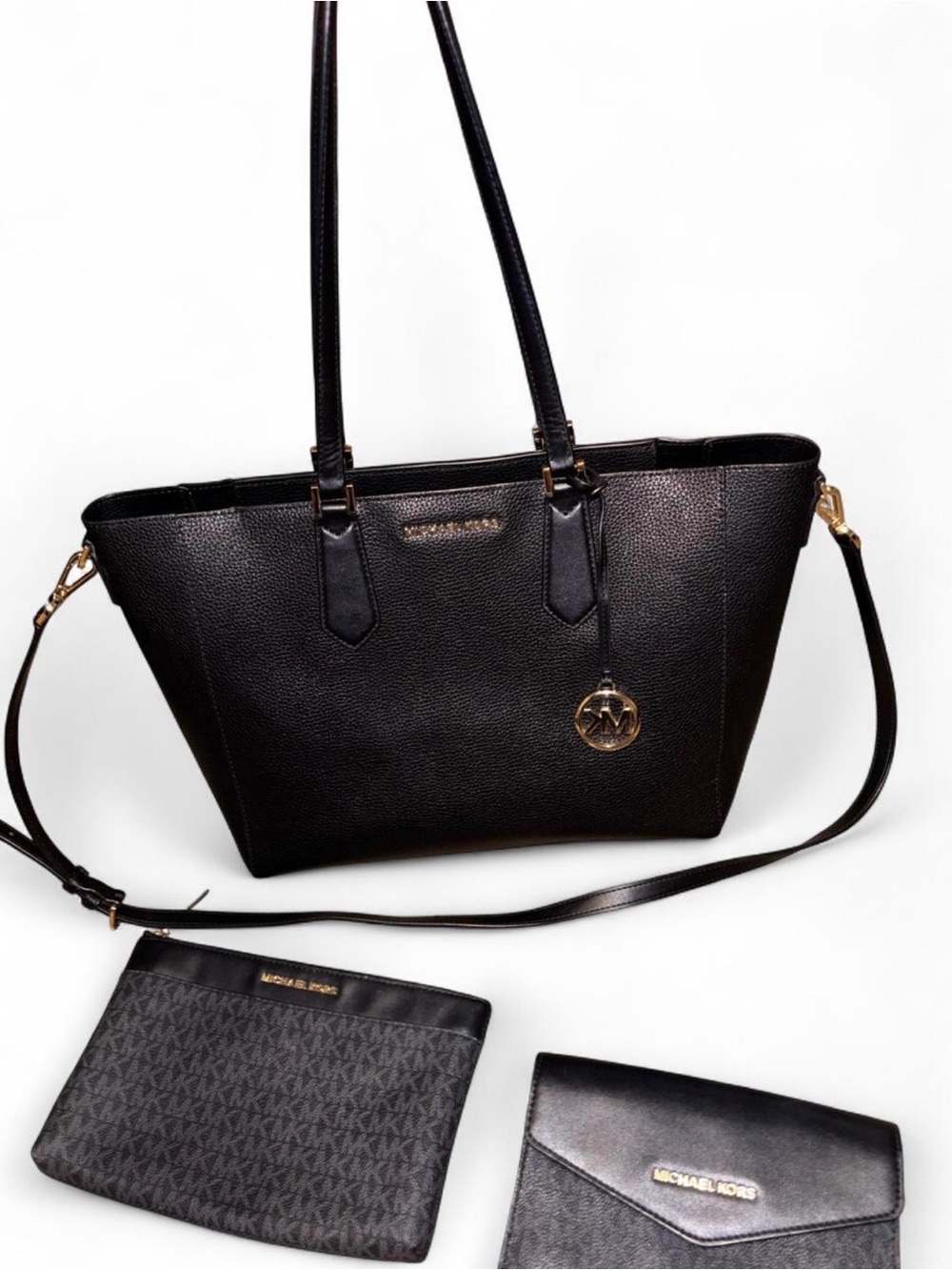 Michael Kors Black Pebbled Leather Tote with Crossbody Strap & Pouches